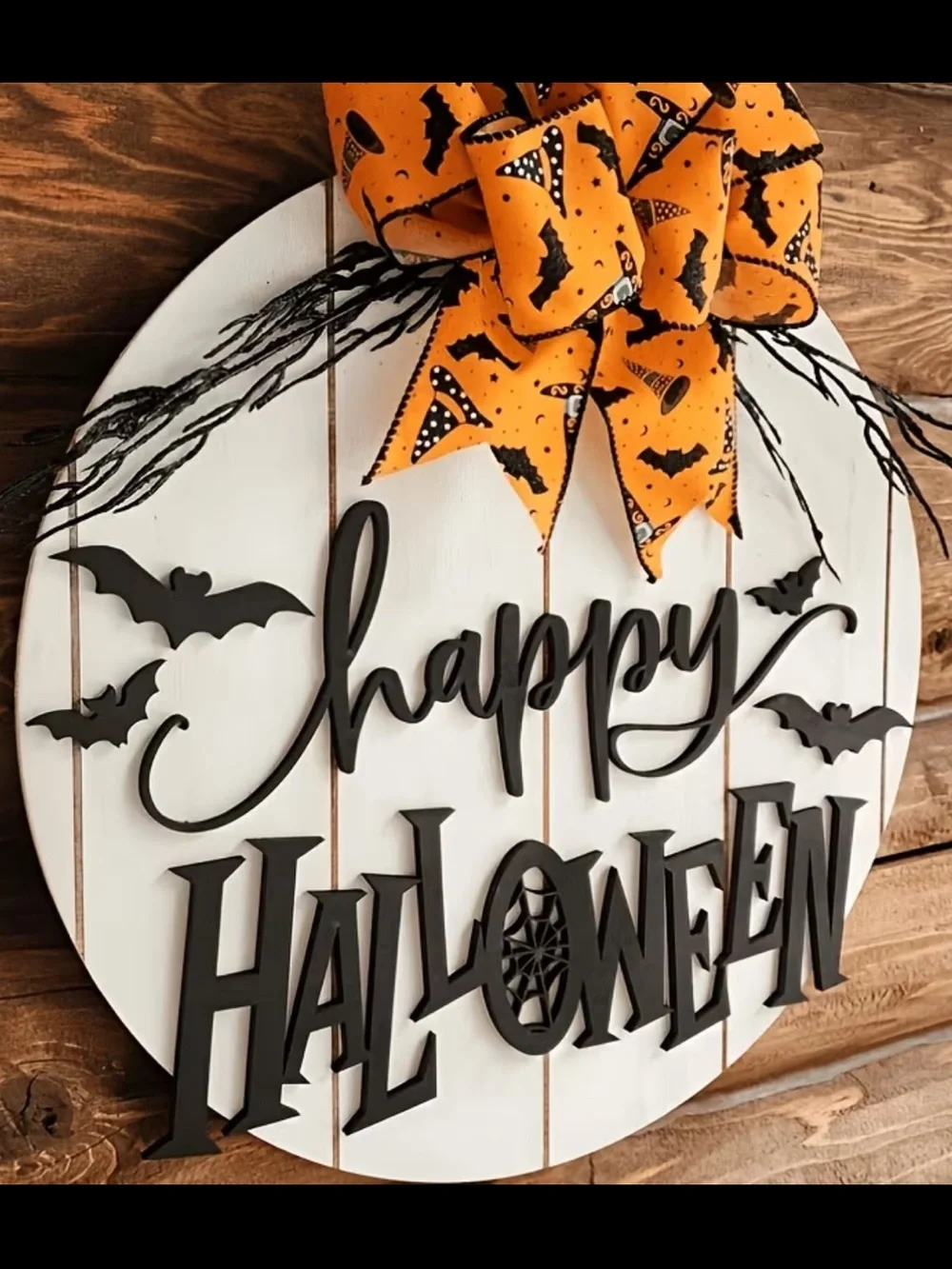 Spooktacular Happy Halloween Round Door Sign with Orange Bat Bow 🦇